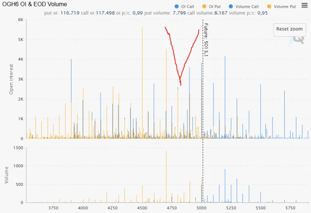 Options Open Interest Profile für Gold (24.2. Expiration)