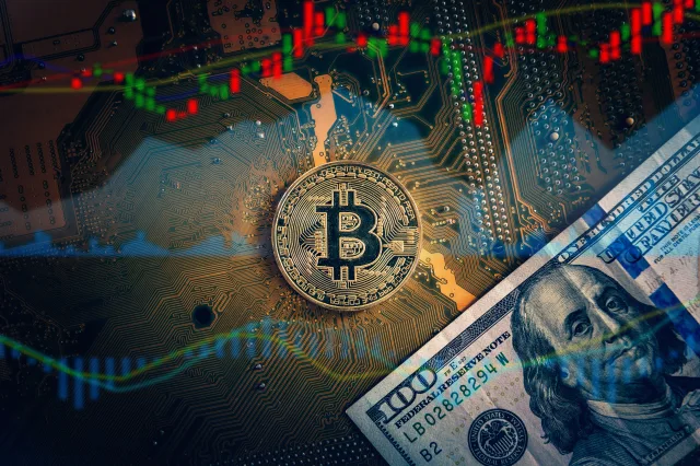 Bitcoin und Dollar-Noten sind zu sehen