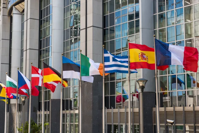 Die Flaggen europäischer Länder vor einem Gebäude.