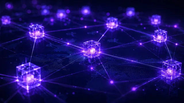 Abstrakte Visualisierung eines Blockchain-Netzwerks mit leuchtenden Datenknoten