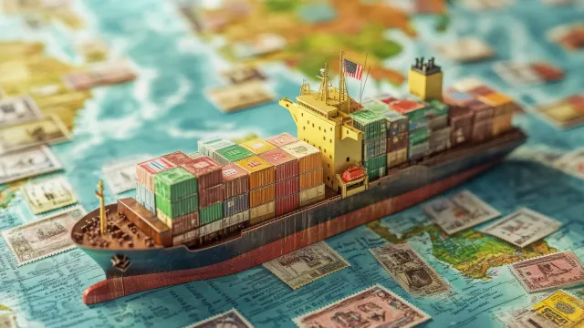 Mini-Containerschiff fährt über Briefmarken