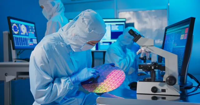 Jemand hält einen Wafer in der Chip-Herstellung