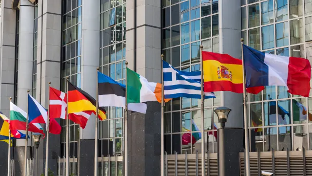 Die Flaggen europäischer Länder vor einem Gebäude.