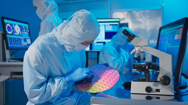 Jemand hält einen Wafer in der Chip-Herstellung
