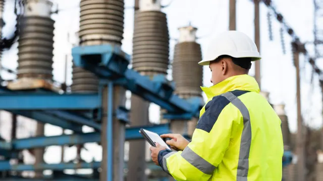 Ein Arbeiter an einem Umspannwerk