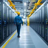 IT-Techniker in einem Rechenzentrum mit Serverracks und leuchtenden Statusanzeigen