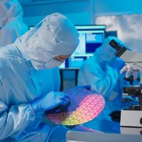 Jemand hält einen Wafer in der Chip-Herstellung