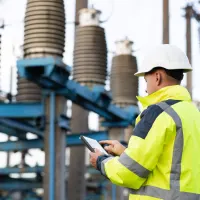 Ein Arbeiter an einem Umspannwerk