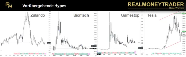 Charts verschiedener Hype-Aktien aus den vergangenen fünf Jahren