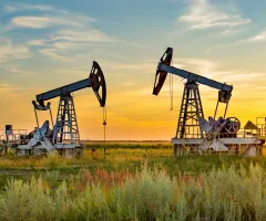 Ölbohrtürme auf einer Wiese.