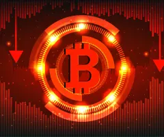 Eine Bitcoin-Münze ist vor roten Pfeilen zu sehen.