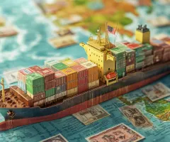 Mini-Containerschiff fährt über Briefmarken